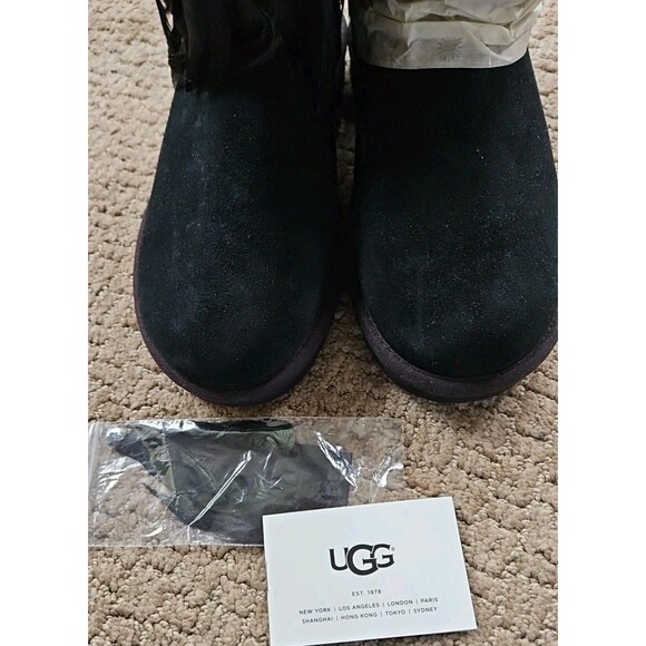 NEW UGG Black Suede Swarovski   Peacock Sheep Fur Lined Boots Sz 8 - Picture 7 of 11